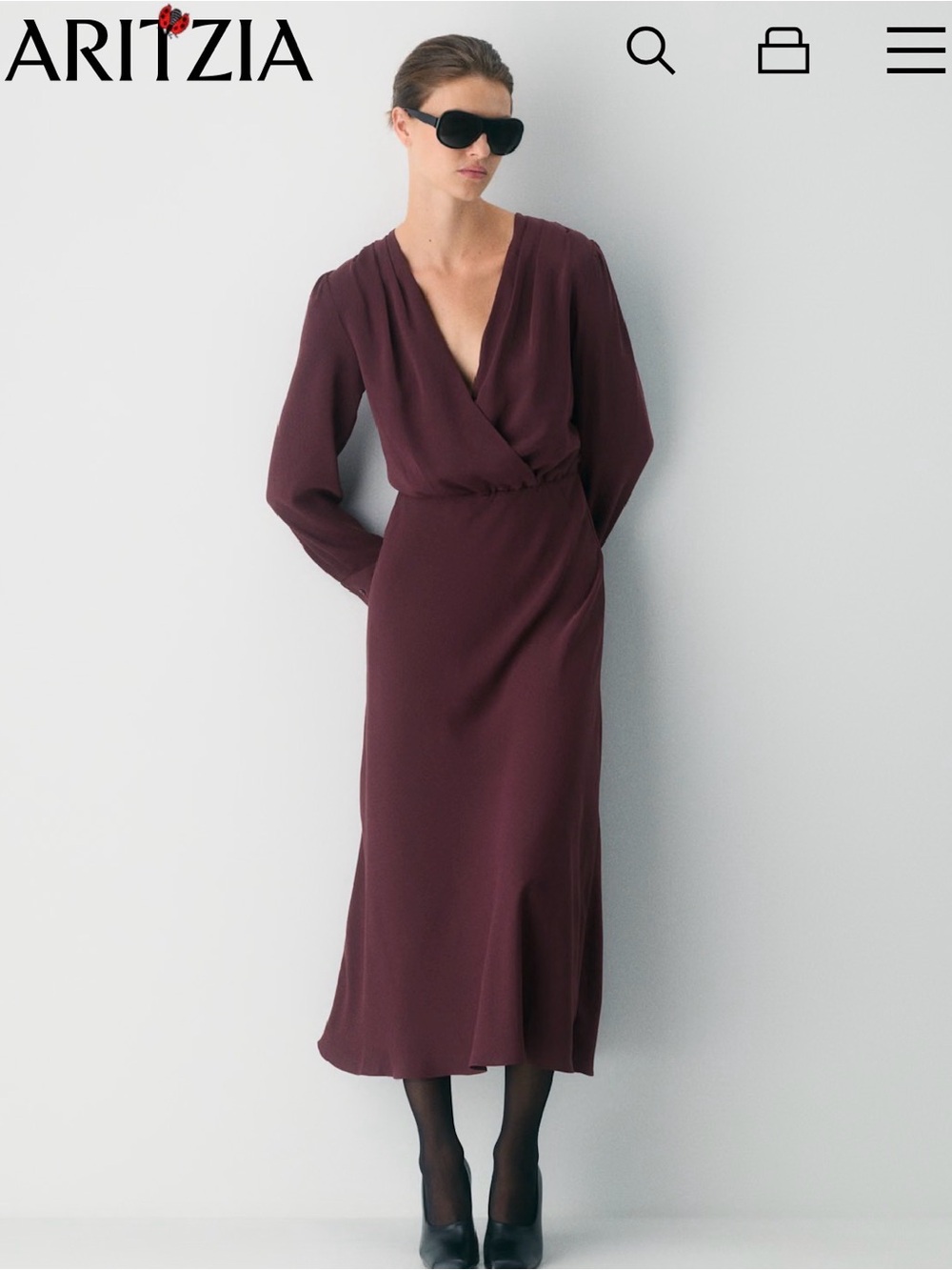 Aritzia Wine Long-Sleeve Wrap Midi Dress